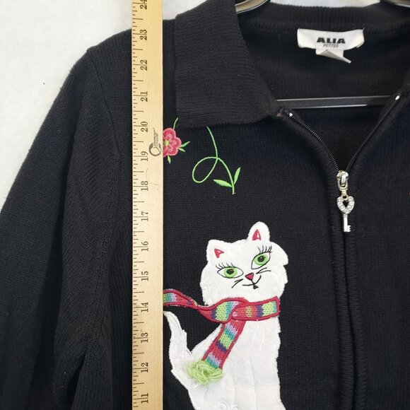 Alia Cat Cardigan Sweater Women's Petite L Black Full Zip Applique Embroidery - Picture 10 of 12